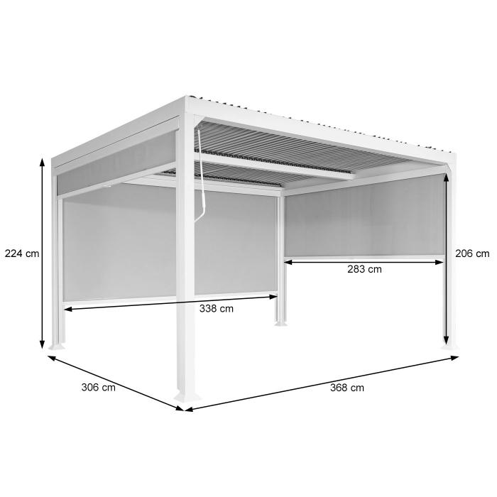 Alu Pergola HWC-L41 mit 3x Seitenwand, Lamellen-Pavillon, stabiles 8cm-Metall-Gestell 3x3,7m ~ wei