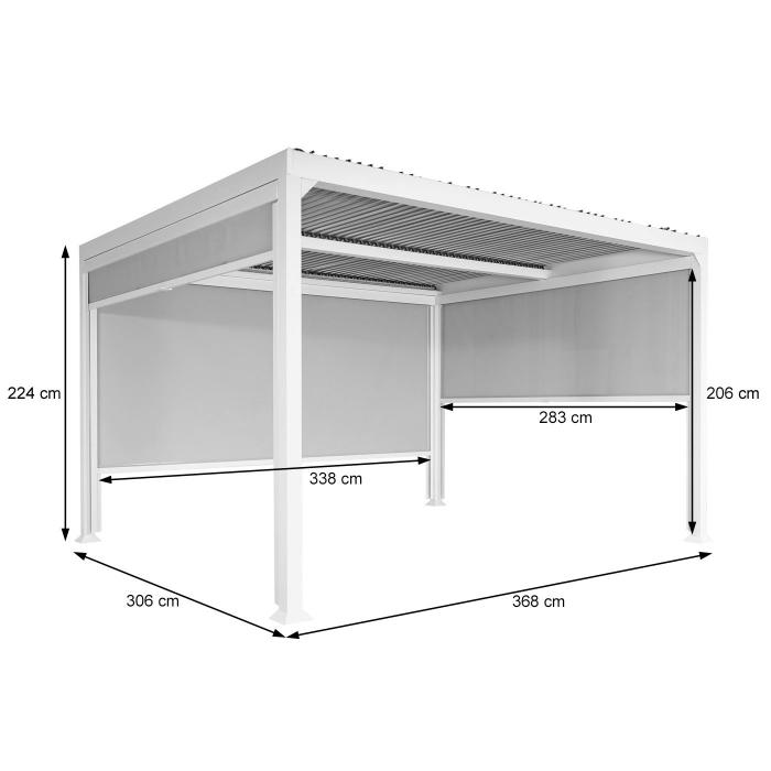 Alu Pergola HWC-L41 mit 3x Seitenwand, Lamellen-Pavillon, stabiles 8cm-Metall-Gestell 3x3,7m ~ wei