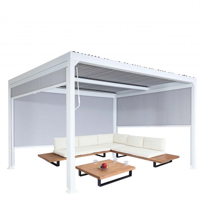 Alu Pergola HWC-L41 mit 3x Seitenwand, Lamellen-Pavillon, stabiles 8cm-Metall-Gestell 3x3,7m ~ wei