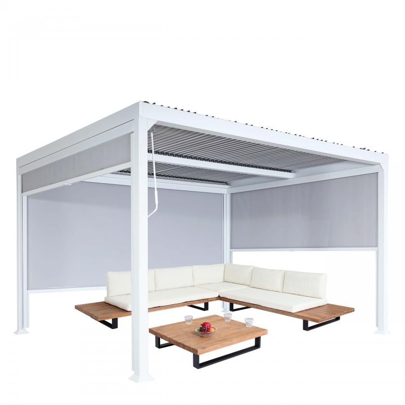 Alu Pergola HWC-L41 mit 3x Seitenwand, Lamellen-Pavillon, stabiles 8cm-Metall-Gestell 3x3,7m ~ wei