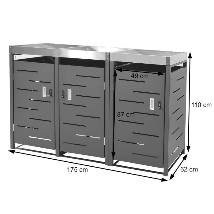 3er-Mlltonnenverkleidung HWC-H40b, Mlltonnenbox, Pflanzkasten Edelstahl-Metall-Kombi 63kg 110x175x62cm erweiterbar