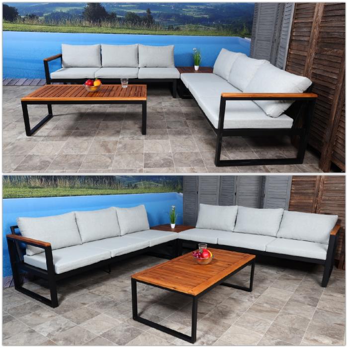 Garten-Garnitur HWC-L26, Gartenlounge Lounge-Set Sitzgruppe Sofa, Metall Akazie Holz MVG-zertifiziert ~ hellgrau