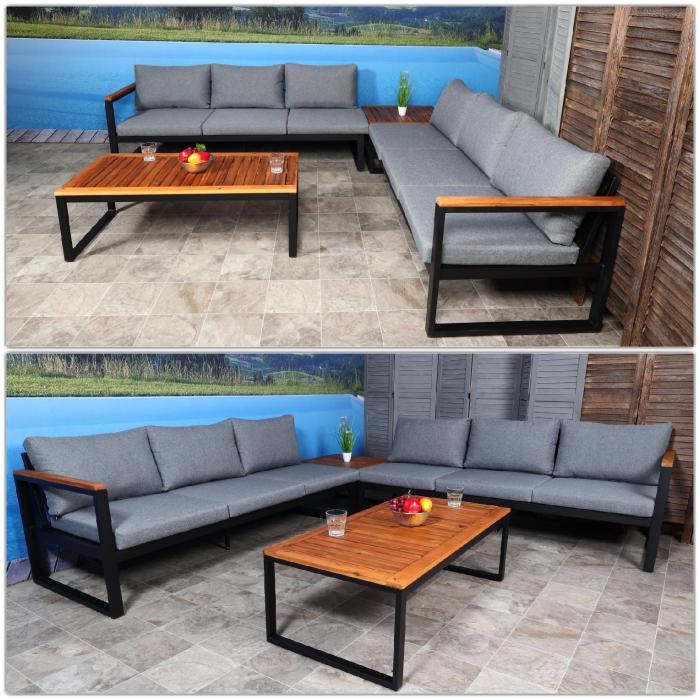 Garten-Garnitur HWC-L26, Gartenlounge Lounge-Set Sitzgruppe Sofa, Aluminium  Akazie Holz MVG-zertifiziert ~ dunkelgrau von Heute-Wohnen