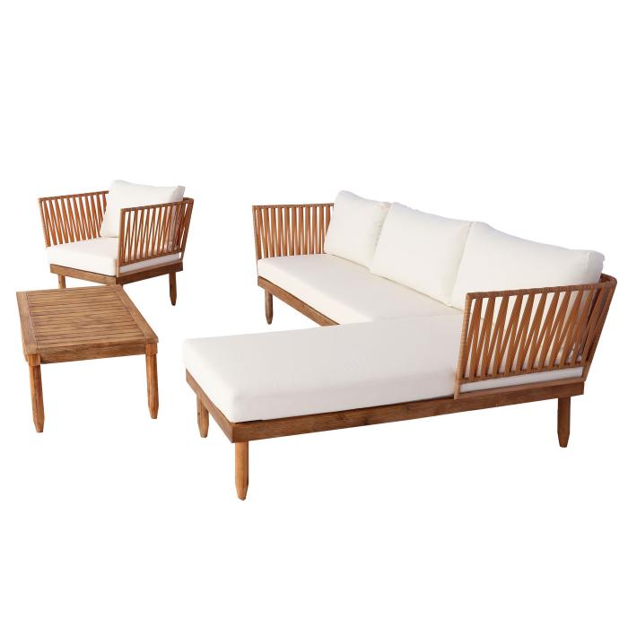 Garten-Garnitur HWC-L29, Garnitur Sitzgruppe Lounge-Set Sofa, Akazie Holz MVG-zertifiziert ~ creme-weiß
