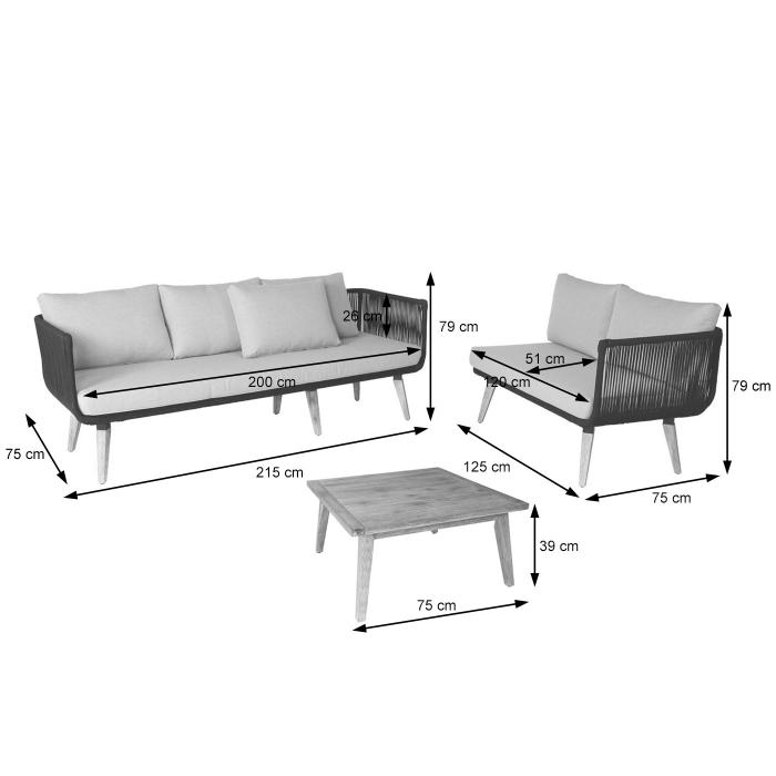 Garten-Garnitur HWC-L30, Garnitur Sitzgruppe Lounge-Set Sofa, Akazie Holz MVG-zertifiziert ~ Polster hellgrau