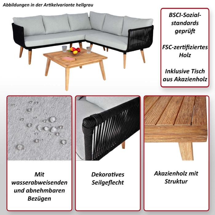 Garten-Garnitur HWC-L30, Garnitur Sitzgruppe Lounge-Set Sofa, Akazie Holz MVG-zertifiziert ~ Polster hellgrau