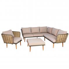 Gartengarnitur HWC-L31, Garnitur Lounge-Set Sofa Outdoor, Spun Poly Metall Poly-Rattan FSC-zertifiziert ~ beige-braun