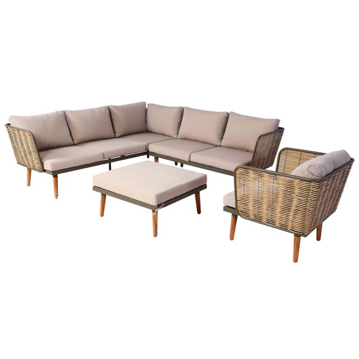 Gartengarnitur HWC-L31, Garnitur Lounge-Set Sofa Outdoor, Spun Poly Metall Poly-Rattan MVG-zertifiziert ~ beige-braun