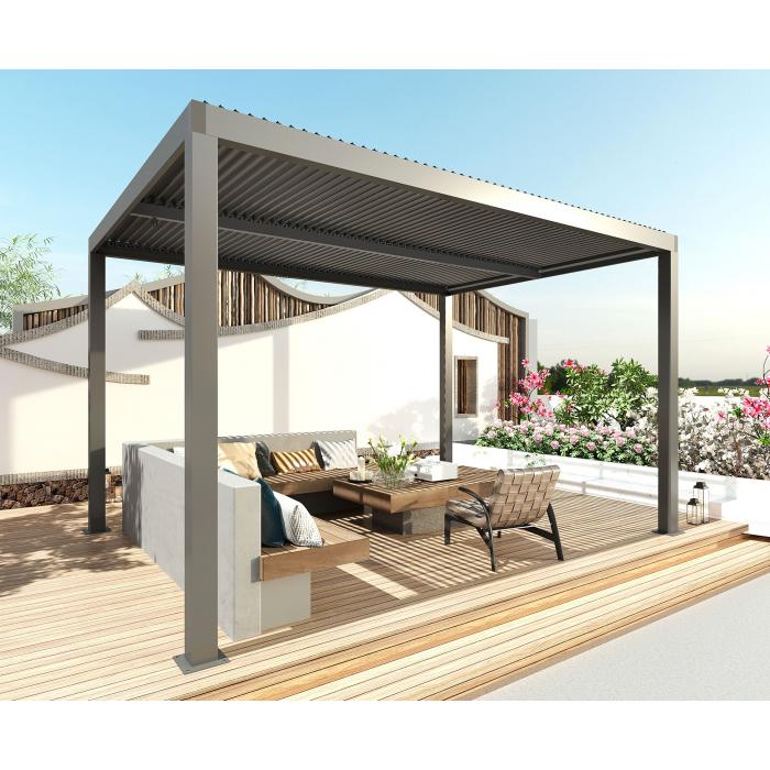 Pergola HWC-L46, Gartenpavillon Lamellen-Pavillon, 10cm-Aluminium-Gestell, Regenrinne sturmfest, 3x3m ~ anthrazit