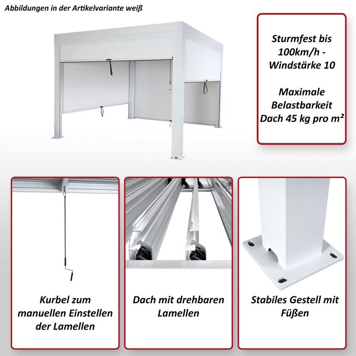 Pergola HWC-L46 mit Seitenwand, Gartenpavillon Lamellen-Pavillon Rollo, 11cm-Alu-Gestell, sturmfest 3x3m ~ wei