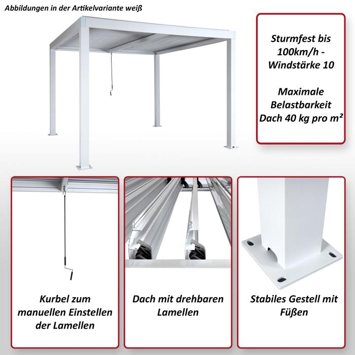 Pergola HWC-L46, Gartenpavillon Lamellen-Pavillon, 10cm-Aluminium-Gestell, Regenrinne sturmfest, 3x3m ~ anthrazit