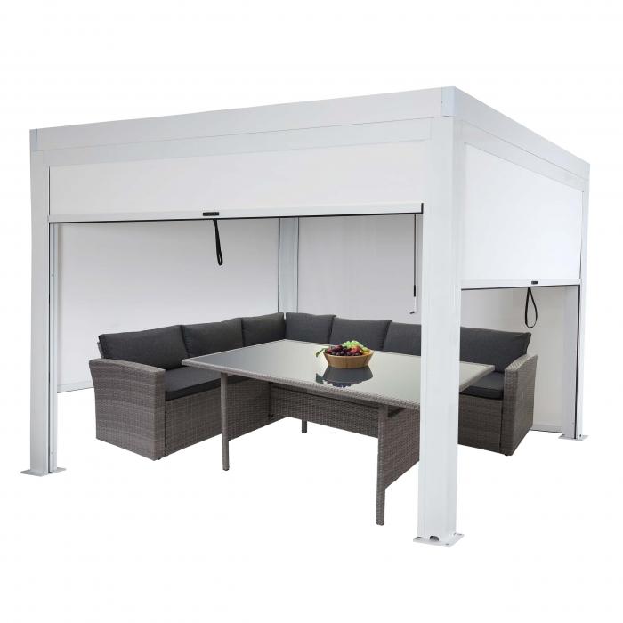 Pergola HWC-L46 mit Seitenwand, Gartenpavillon Lamellen-Pavillon Rollo, 11cm-Alu-Gestell, sturmfest 3x3m ~ wei