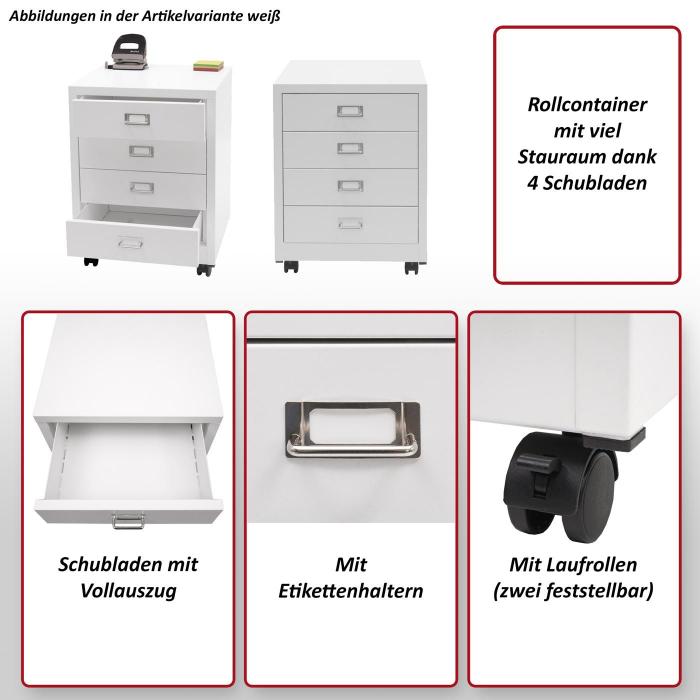 Rollcontainer HWC-L49, Schubladenschrank Stahlschrank Aktenschrank, Metall 55x40x41cm 4 Schubladen ~ wei