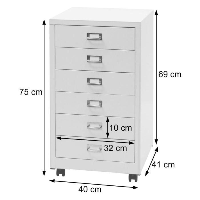 Rollcontainer HWC-L49, Schubladenschrank Stahlschrank Aktenschrank, Metall 75x40x41cm 6 Schubladen ~ wei