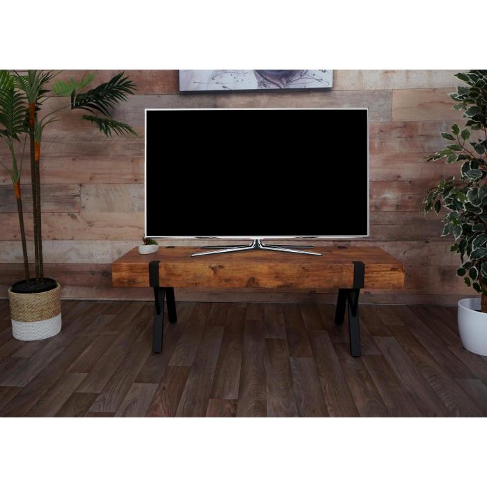 TV-Rack HWC-L54, Fernsehtisch Lowboard TV-Tisch, Metall 42x120x40cm ~ dunkle Wildeiche