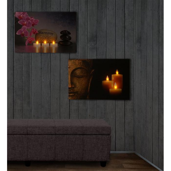 2er-Set LED-Bild Leinwandbild Leuchtbild Wandbild 40x60cm, Timer ~ Buddha + flackernd