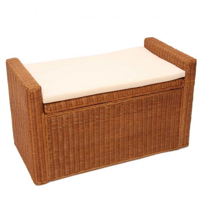 Aufbewahrungstruhe Truhe Sitzbank M92 Rattan mit Kissen 88cm ~ honigfarben