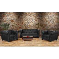 Luxus 3-1-1 Sofagarnitur Couchgarnitur Loungesofa Chesterfield Kunstleder ~ eckige Fe, schwarz