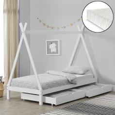 Kinderbett HLO-PX126 90x200 cm Tipi mit 2 Schubladen und Kaltschaummatratze Holz ~ Weiß
