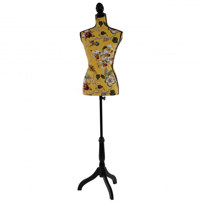 Schneiderpuppe T222, Schaufensterpuppe Torso weiblich, Fiberglas ~ Gelb mit Blumen