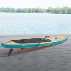 Paddleboard HLO-PX14 320x76x15cm bis 150 kg ~ Wooden effect / Green / Orange