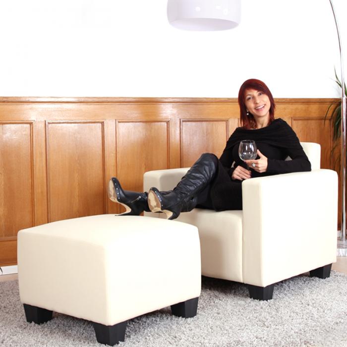 Modular Sessel Loungesessel mit Ottomane Lyon, Kunstleder ~ creme
