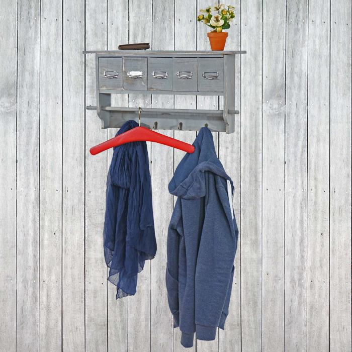 Garderobe HWC-C49, Wandgarderobe Wandregal, Vintage mit 5 Schubladen 32x65x13cm ~ Shabby Look, grau