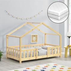 Kinderbett HLO-PX187 80x160 cm mit Lattenrost und Gitter ~ Natur Kiefernholz