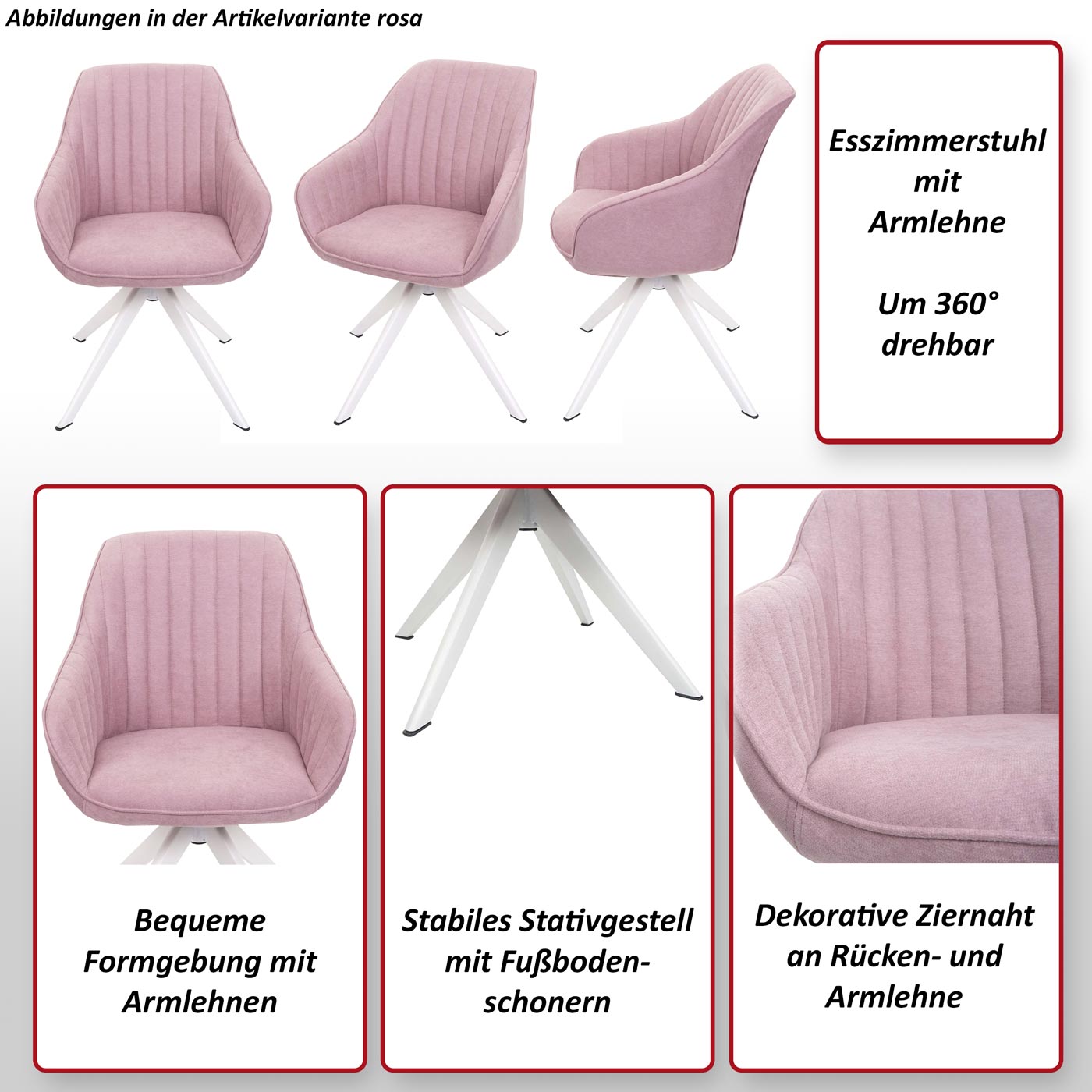 6er-Set Esszimmerstuhl HWC-K27, Küchenstuhl Stuhl mit Armlehne, drehbar  Stoff/Textil ~ rosa von Heute-Wohnen | Stühle