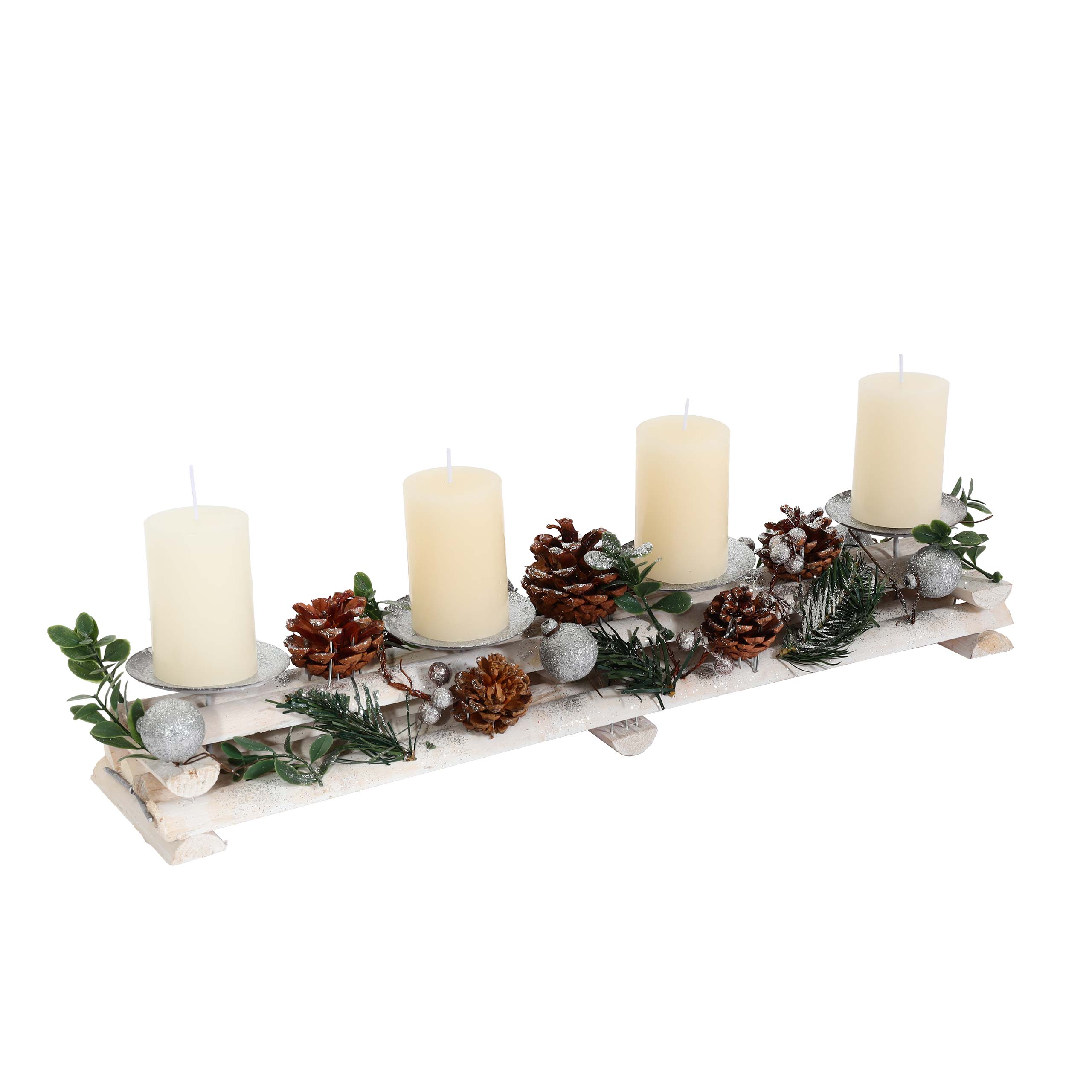 Adventsgesteck HWC-M12 mit Kerzenhaltern, Adventskranz Holz silber Weihnachtsdeko Heute-Wohnen weiß 18x49x13cm mit Kerzen von 