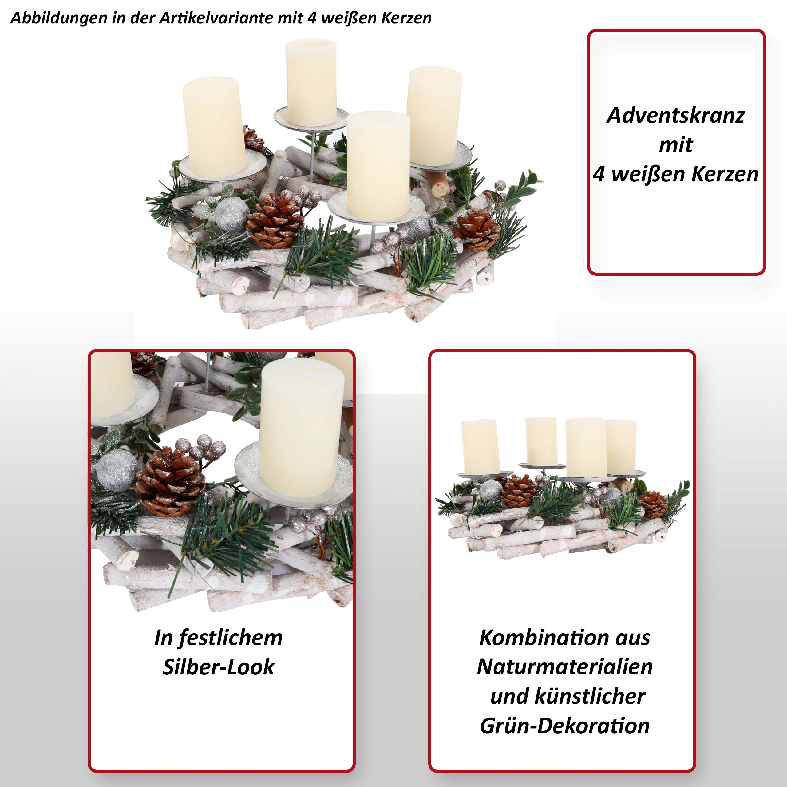 Adventskranz HWC-M12, Adventsgesteck Tischkranz Weihnachtsdeko Tischdeko  Holz silber weiß Ø 30cm ~ mit Kerzen von Heute-Wohnen