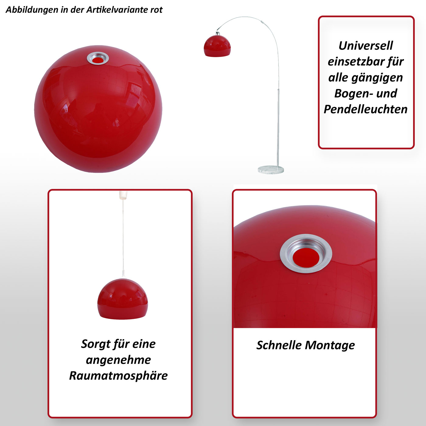 Lampenschirm HWC-M34 für Bogen- und Pendelleuchte, Ersatzschirm, Ø 40cm,  Kunststoff ~ rot von Heute-Wohnen