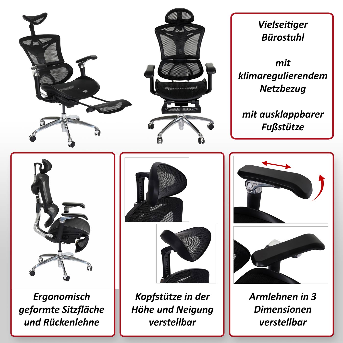 Bürostuhl HWC-J93b, Schreibtischstuhl Drehstuhl, ergonomisch,  Lordosenstütze Fußstütze 3D-verstellbare Armlehnen schwarz