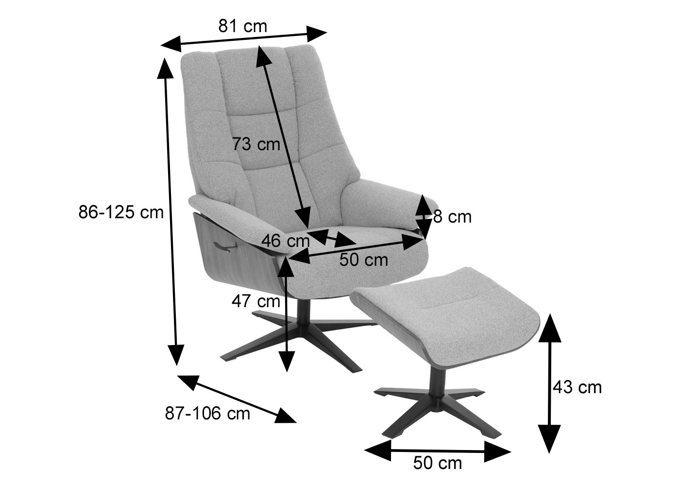 MCA Relaxsessel HWC-N57 Bemaßungsbild