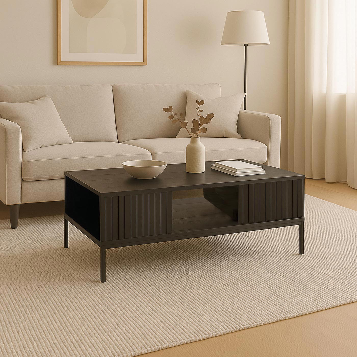 Couchtisch HWC-O39 mit den Maßen 39x120x60cm Ambientebild in einem modernen Wohnzimmer