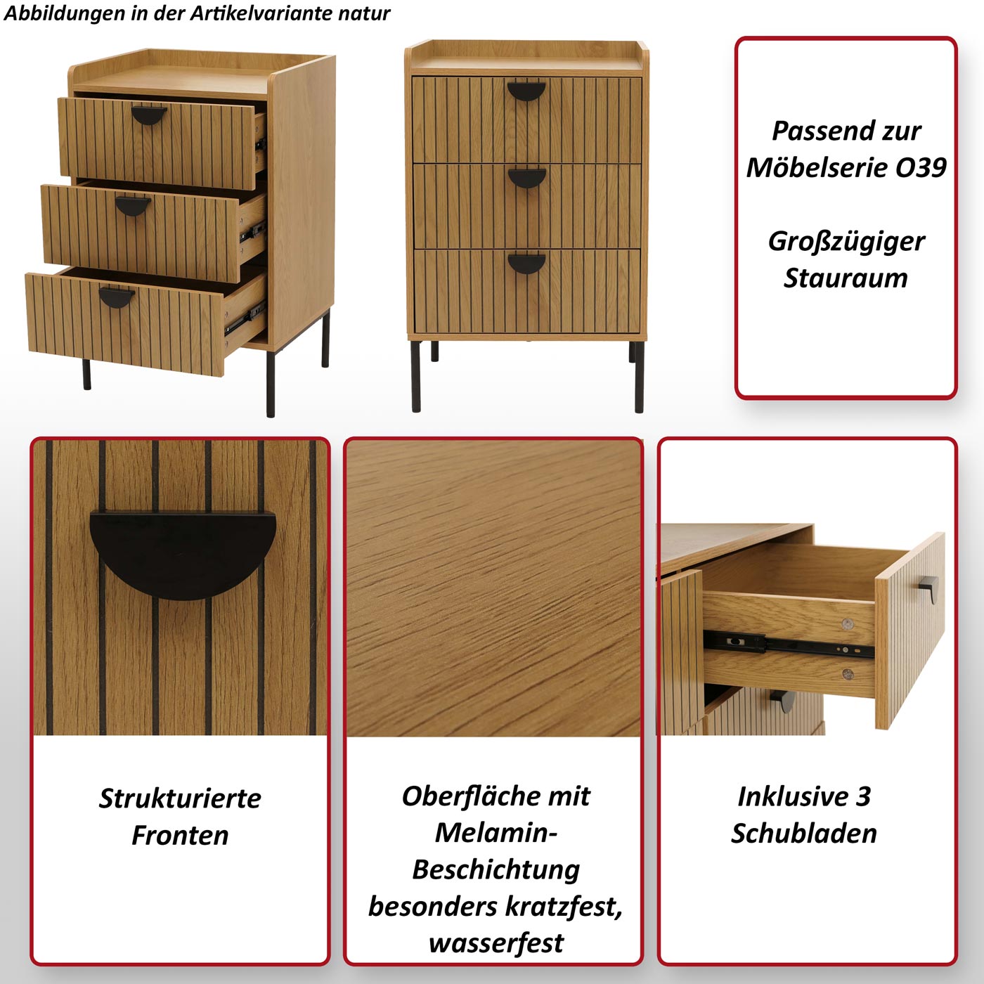 Kommode HWC-O39 3 Schubladen natur Funktionsbild