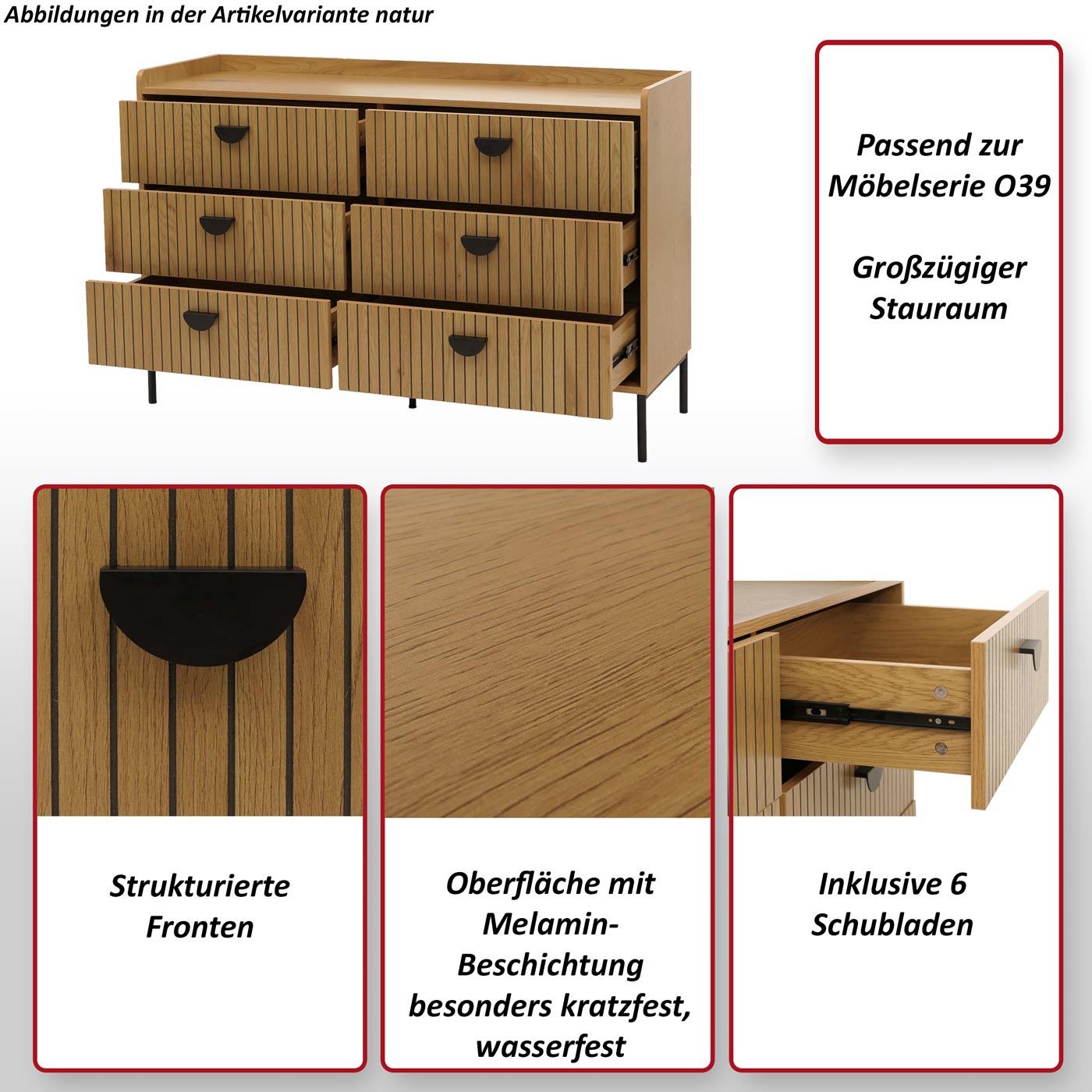 Kommode HWC-O39 Funktionsbild mit wichtigen Features