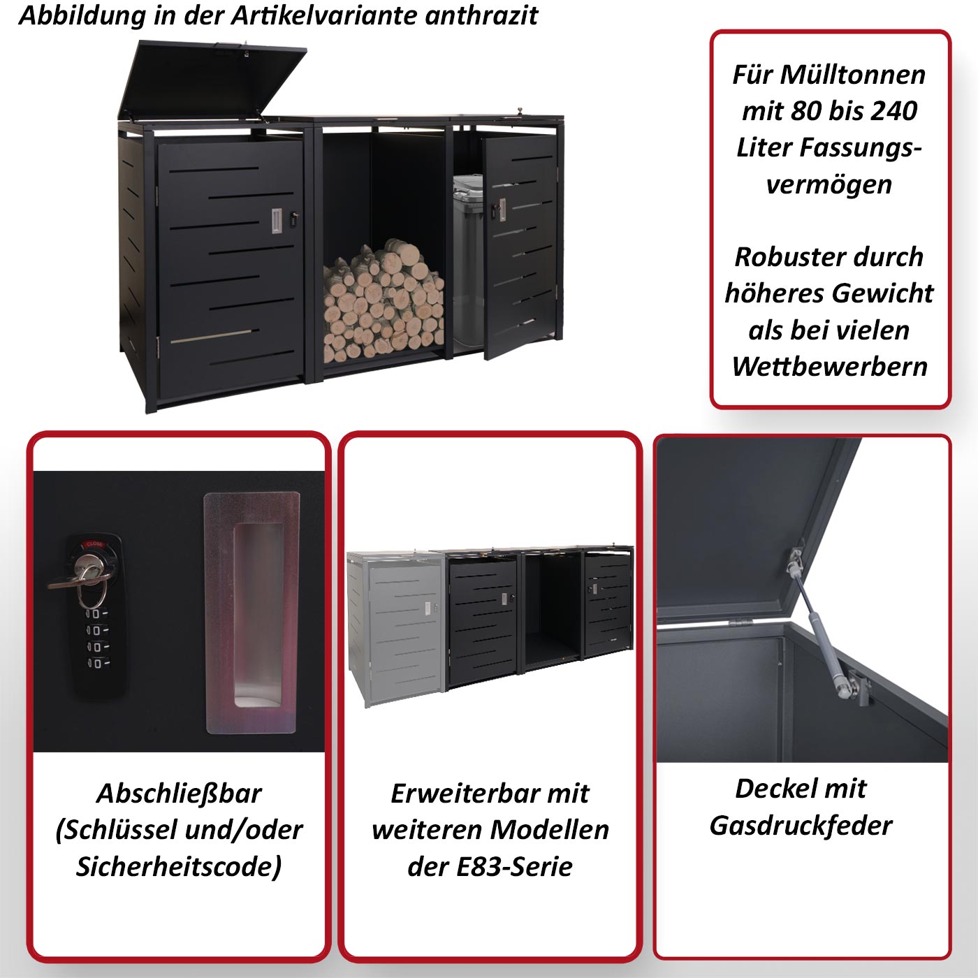 HWC-E83 Mülltonnenbox mit Brennholzregal Bulletbild