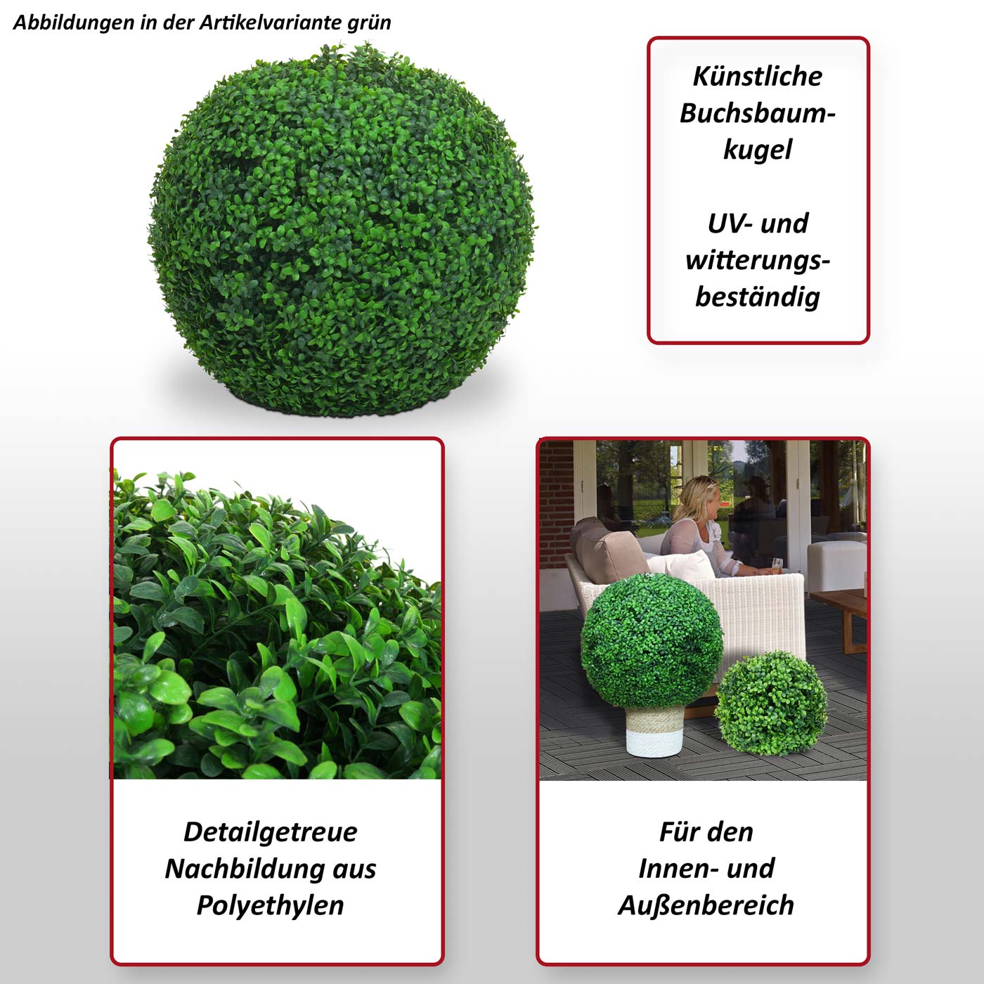 ~ Buchskugel Kunstpflanze von 55cm Künstlicher Ø HWC-L77, Buxus, Buchsbaumkugel Busch Outdoor Dekopflanze weiß Heute-Wohnen