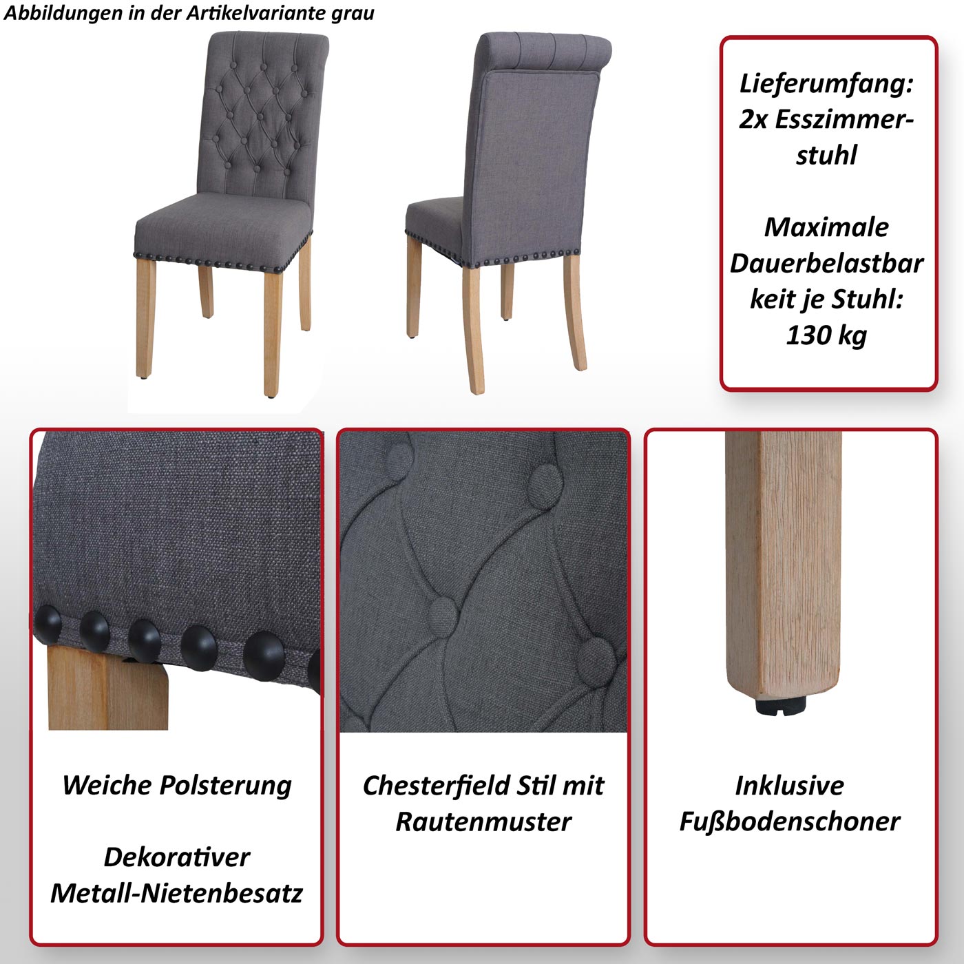 2x Esszimmerstuhl HWC-O66 grau, wichtigste Merkmale