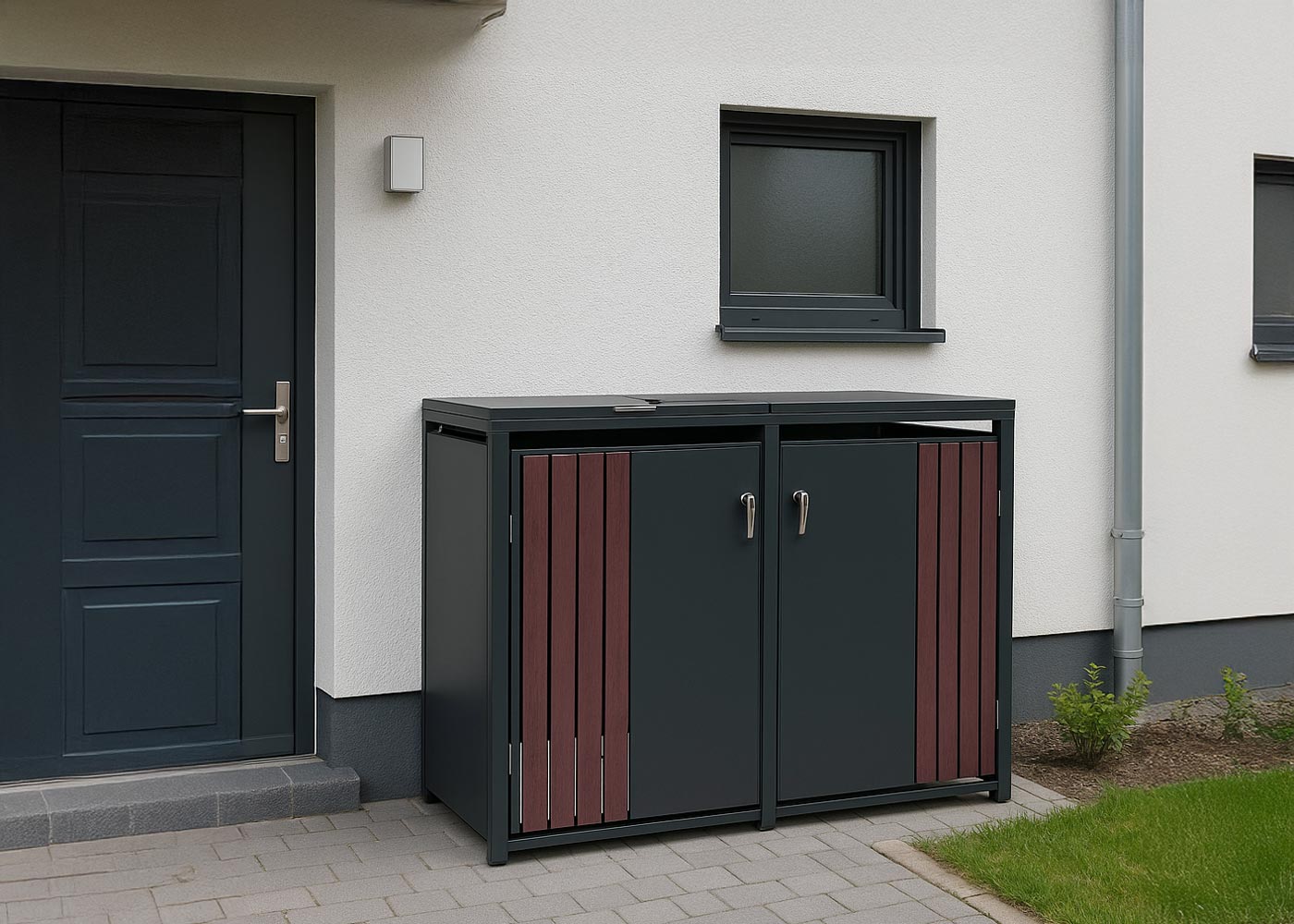2er-Mlltonnenverkleidung HWC-O67 anthr.Holzoptik dunkel, Ambientebild vor einem Haus