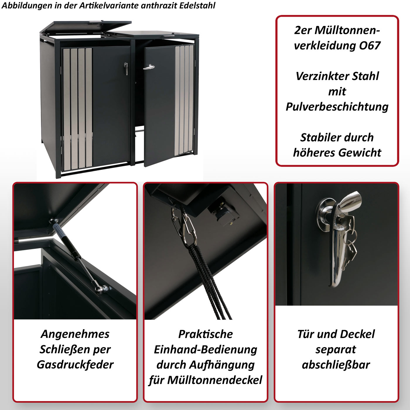 2er-Mlltonnenverkleidung HWC-O67 anthr.Edelstahl, wichtigste Merkmale