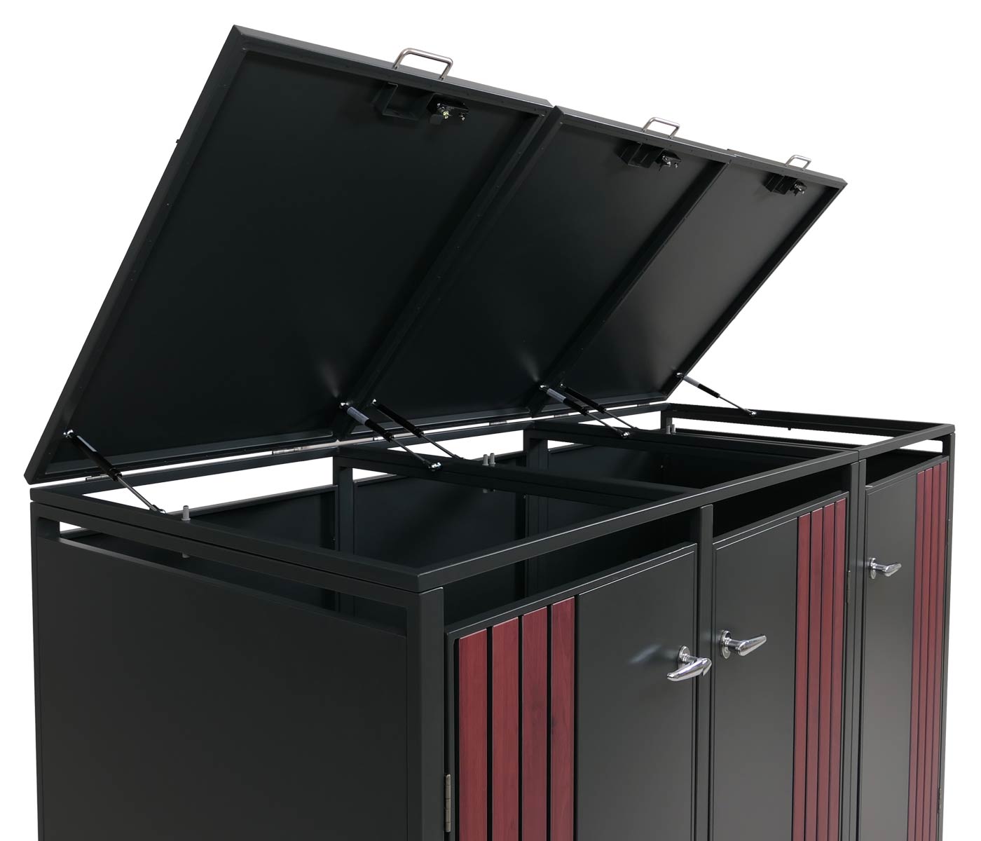 3er Mlltonnenverkleidung HWC-O67 anthr.Holzoptik dunkel, geffnete Deckel