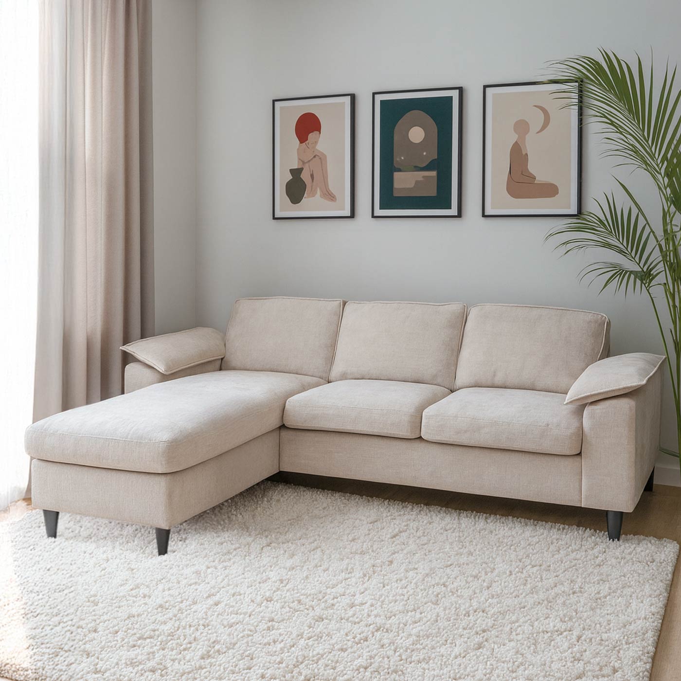 Sofa-Garnitur HWC-O71 beige, Ambientebild im Wohnzimmer