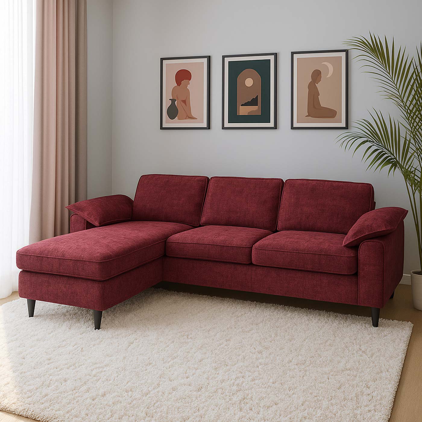 Sofa-Garnitur HWC-O71 bordeaux, Ambientebild im Wohnzimmer