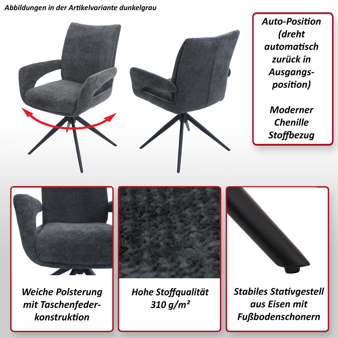 Esszimmerstuhl HWC-O78 dunkelgrau, Funktionsbild