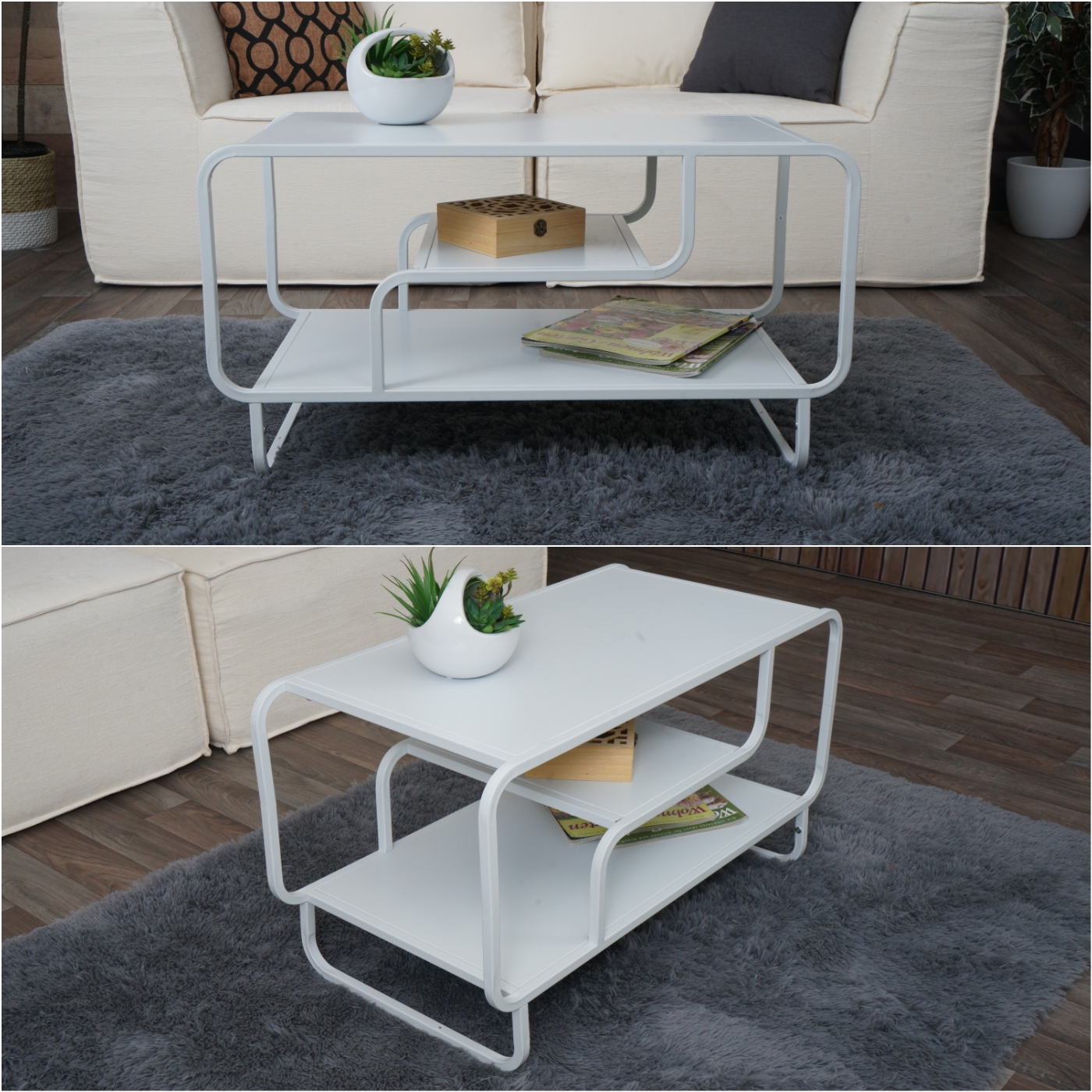 Couchtisch HWC-O49 Metall weiss Collage Ansichten