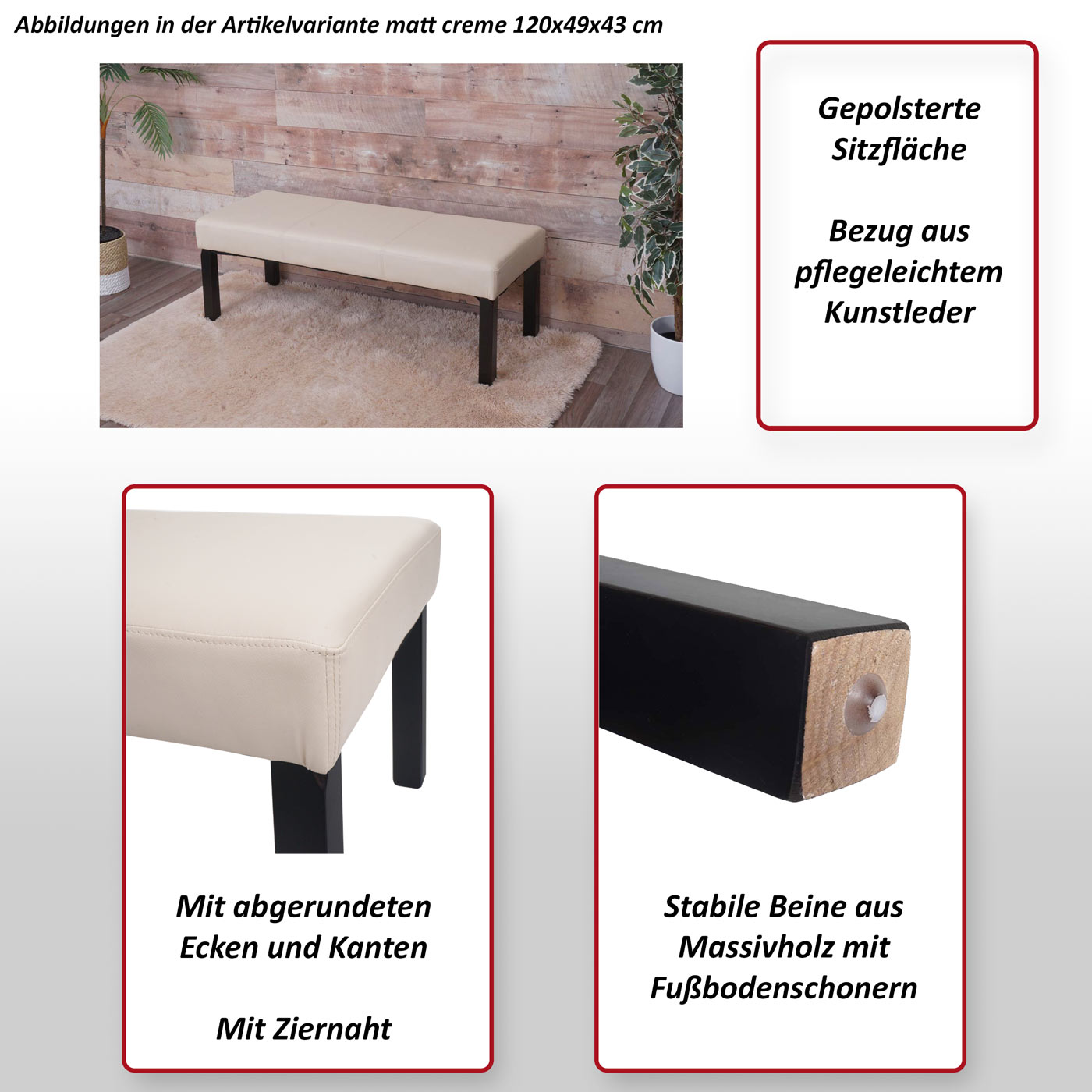 Sitzbank Polsterbank Bank M37 Kunstleder ~ 120x43x49 cm creme, dunkle Beine  von Heute-Wohnen