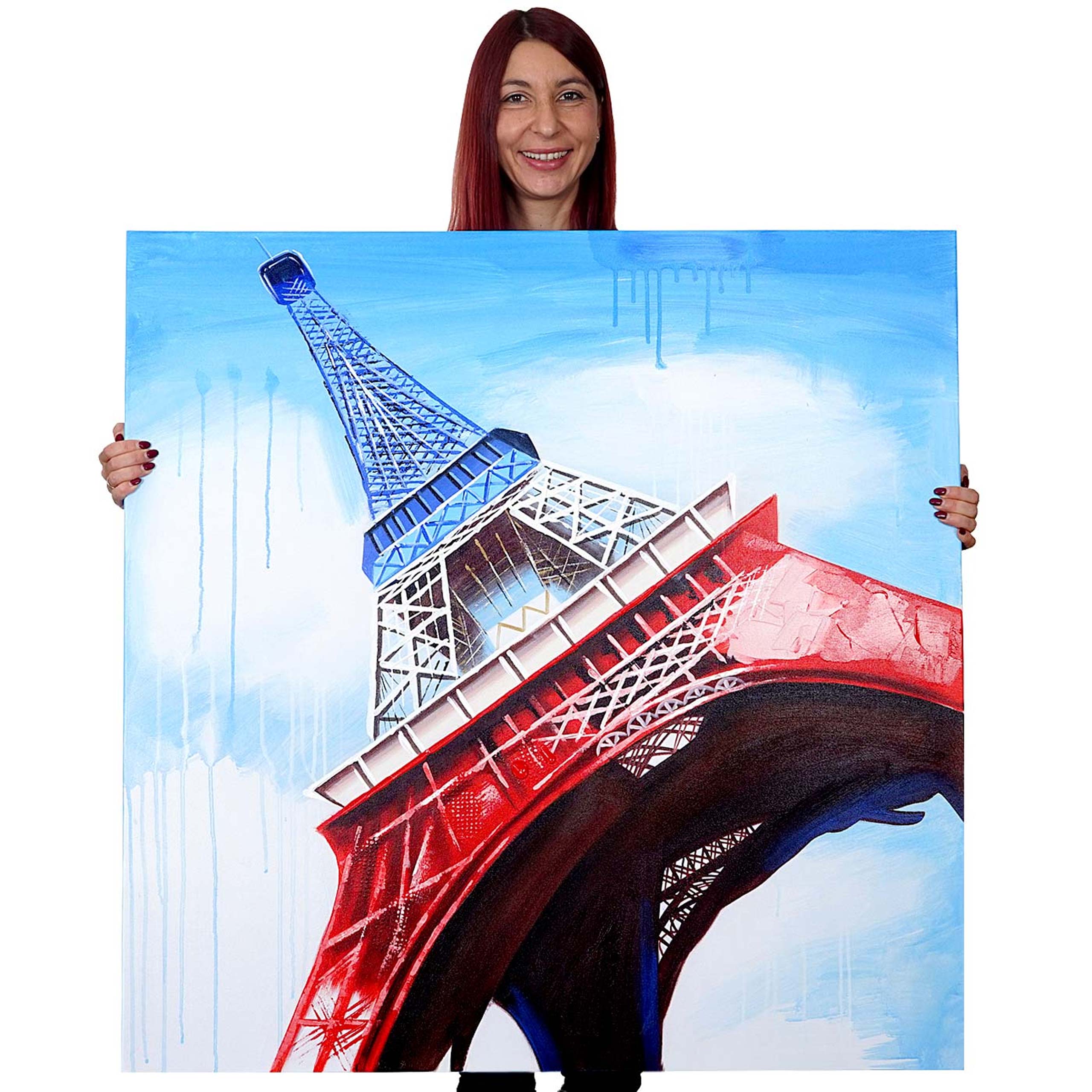 Ölgemälde Eiffelturm Tricolore, 100% handgemaltes Wandbild Gemälde XL,  100x100cm von Heute-Wohnen