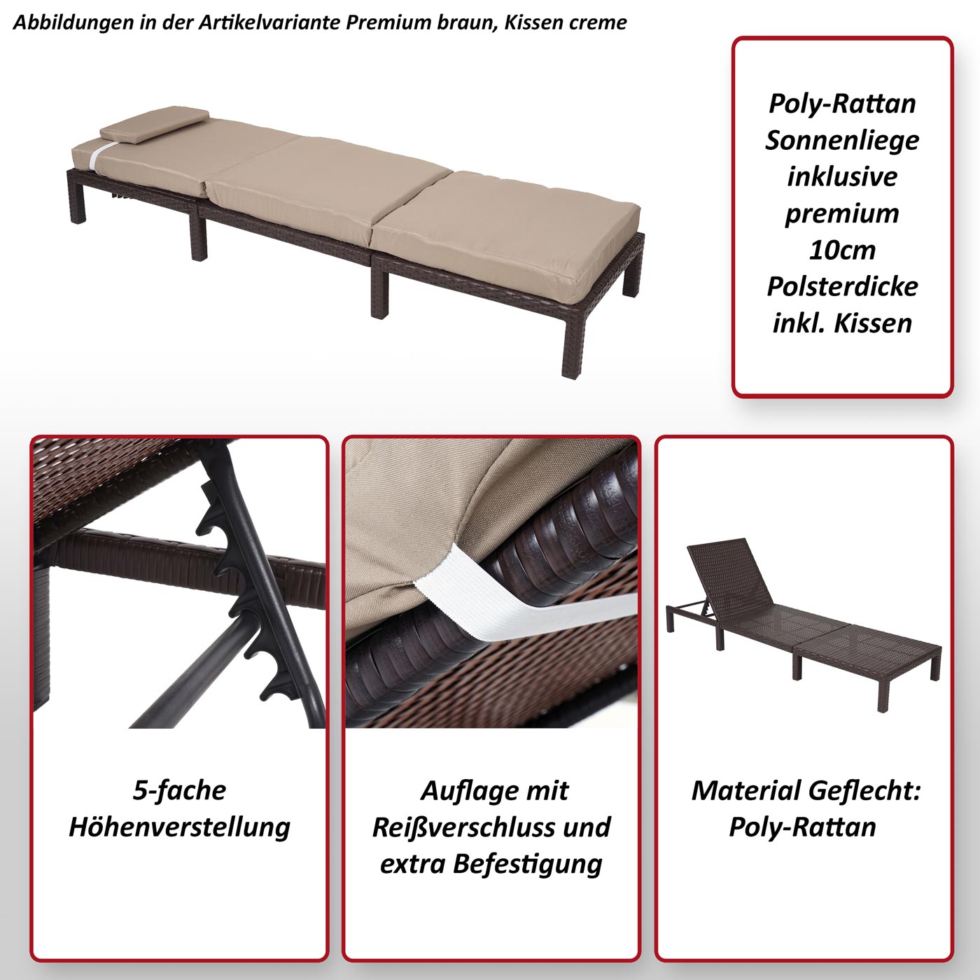 Poly-Rattan Sonnenliege HWC-A51, Premium Kissen Gartenliege anthrazit, ~ Relaxliege Liege creme von Heute-Wohnen